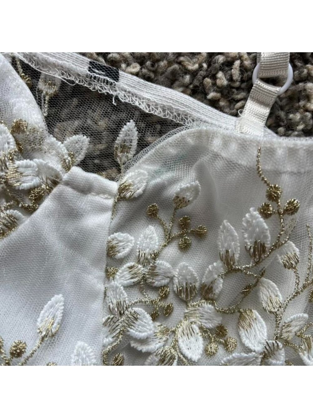 White & Gold Floral Embroidered Babydoll Corset XS/S Crop Top Summer Dainty Chic - Picture 4 of 8
